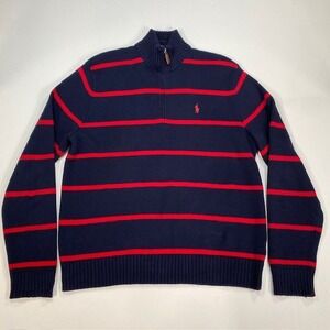 Polo Ralph Lauren Mens Medium Navy Blue Red Striped 1/4‎ Zip Cotton Sweater